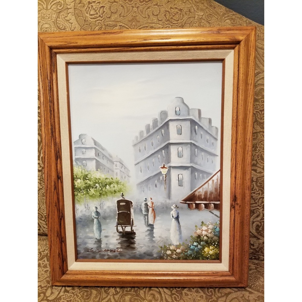 OIL Painting on Canvas GLADWELL City Scape Street Signed Framed 20.5"x16.5"